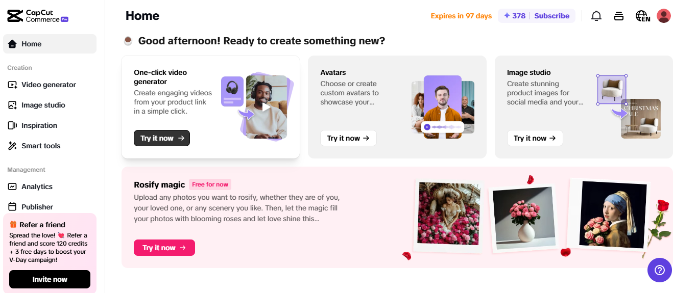 Pippit dashboard with tools for video creation, image editing, and avatars, ideal for high-paying side gigs.